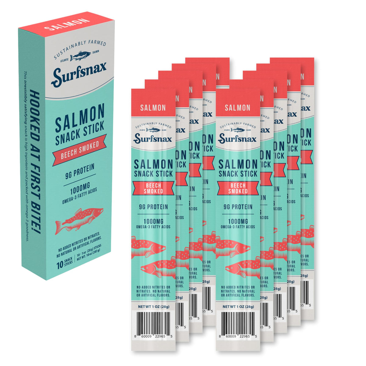 Surfsnax salmon jerky stick beechwood smoked—protein-rich snack for travel and workouts.