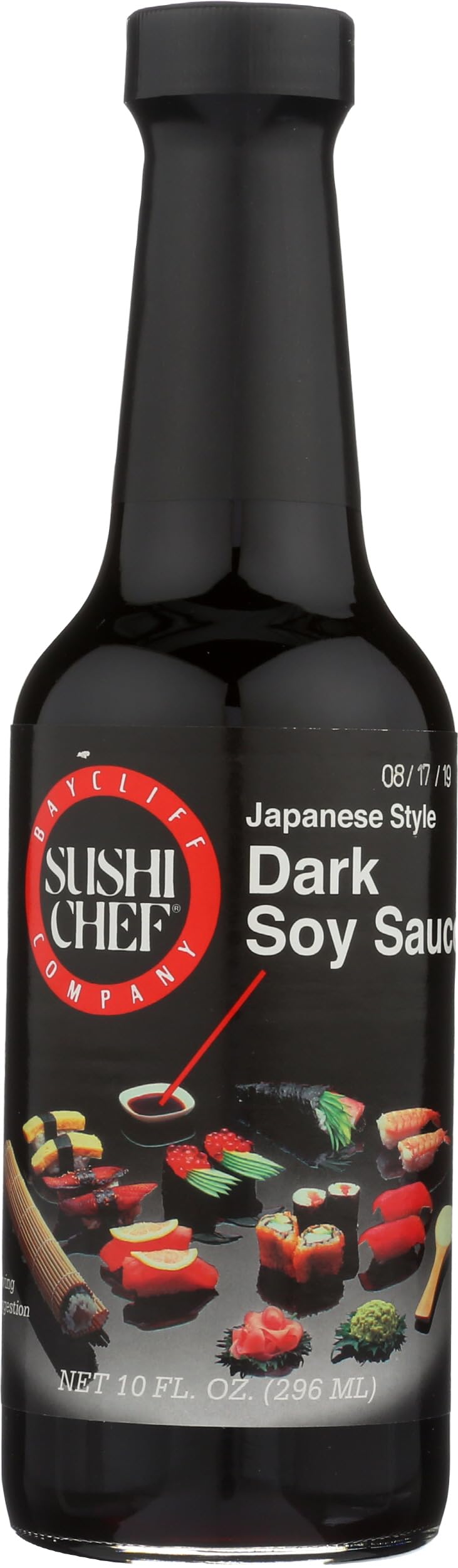 Sushi Chef dark soy sauce bottle close-up highlighting rich color and versatility.