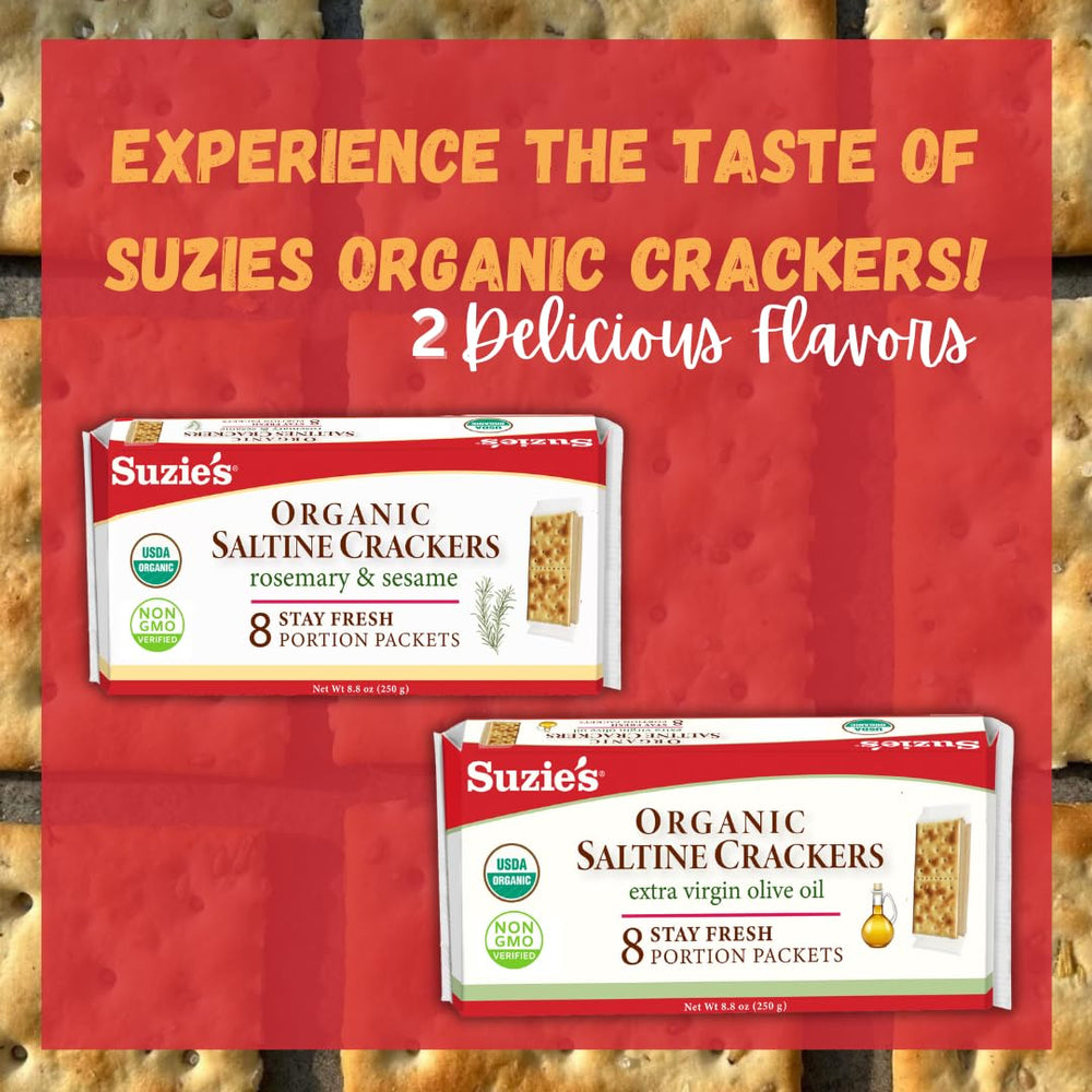 Suzie's Organic Saltines ingredients highlight—organic wheat flour and spices for natural taste.