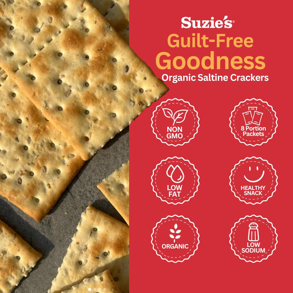 Suzie's Organic Saltines non-GMO Italy certification badge—organic product of Italy.