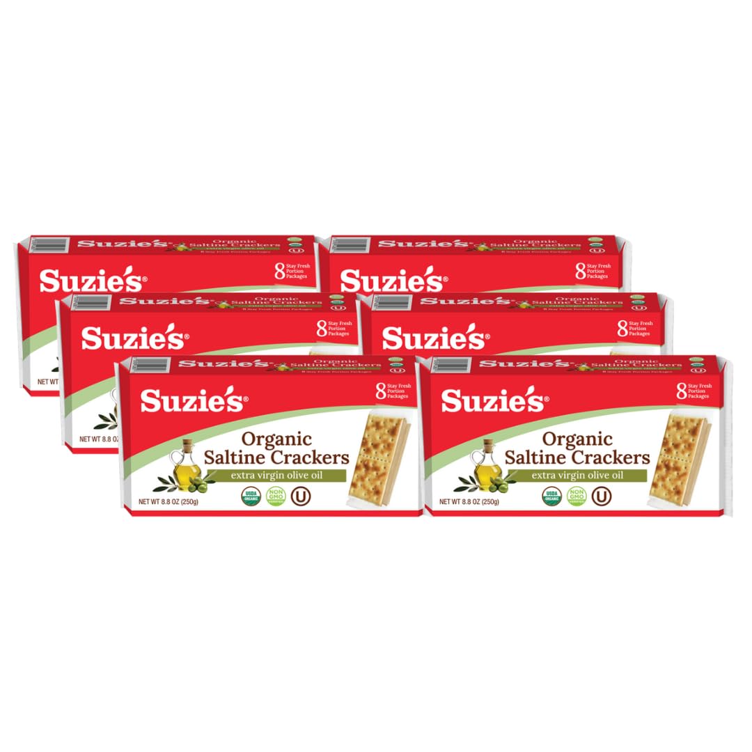 Suzie's Organic Saltines crackers in a stay-fresh pack for on-the-go snacking