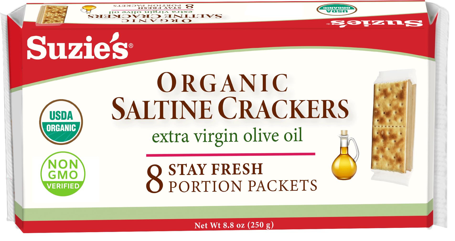 Suzie's Organic Saltines packfront—crisp crackers ready for a quick, savory snack.