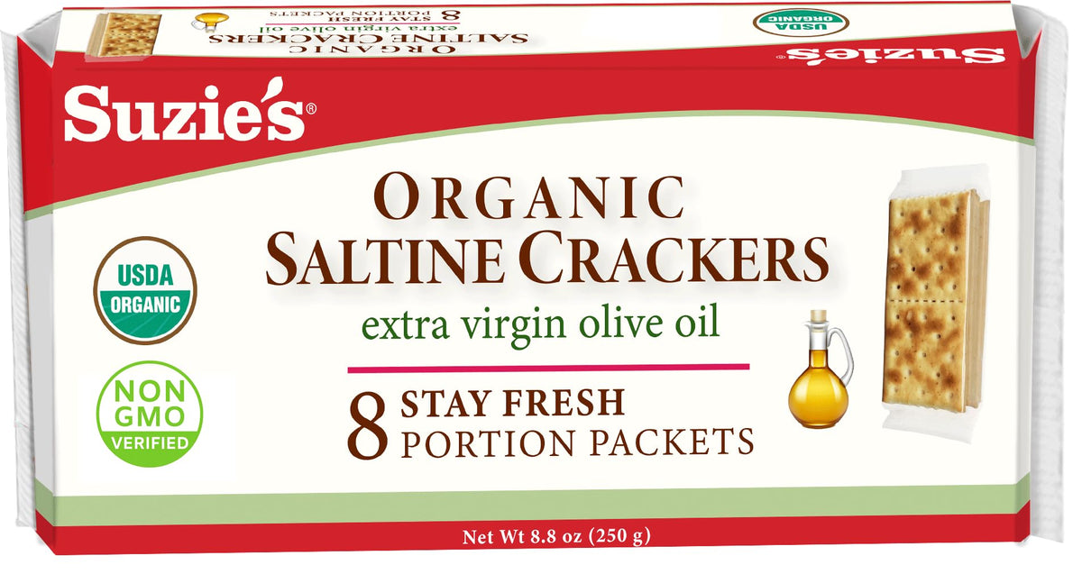 Suzie's Organic Saltines packfront—crisp crackers ready for a quick, savory snack.