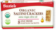 Suzie's Organic Saltines packfront—crisp crackers ready for a quick, savory snack.