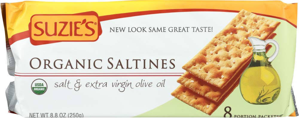 Suzie’s Organic Saltines three-pack on box for convenient snacking