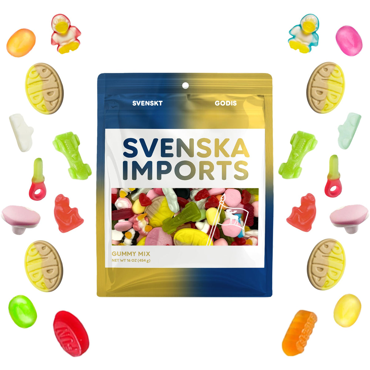 SVENSKA IMPORTS bag front shows a Swedish sweet pick & mix, ideal for sharing.
