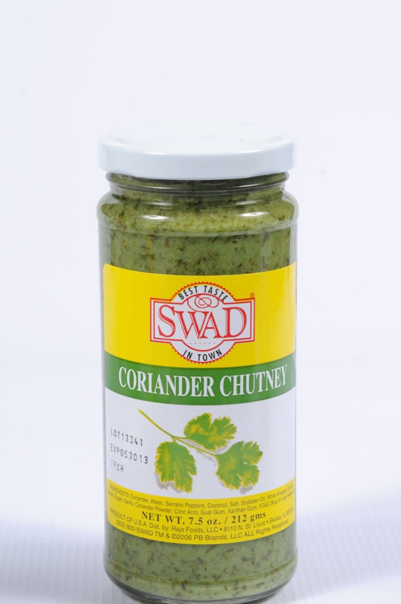 Swad coriander chutney bottle trio enhances snacks with fresh herb flavor.