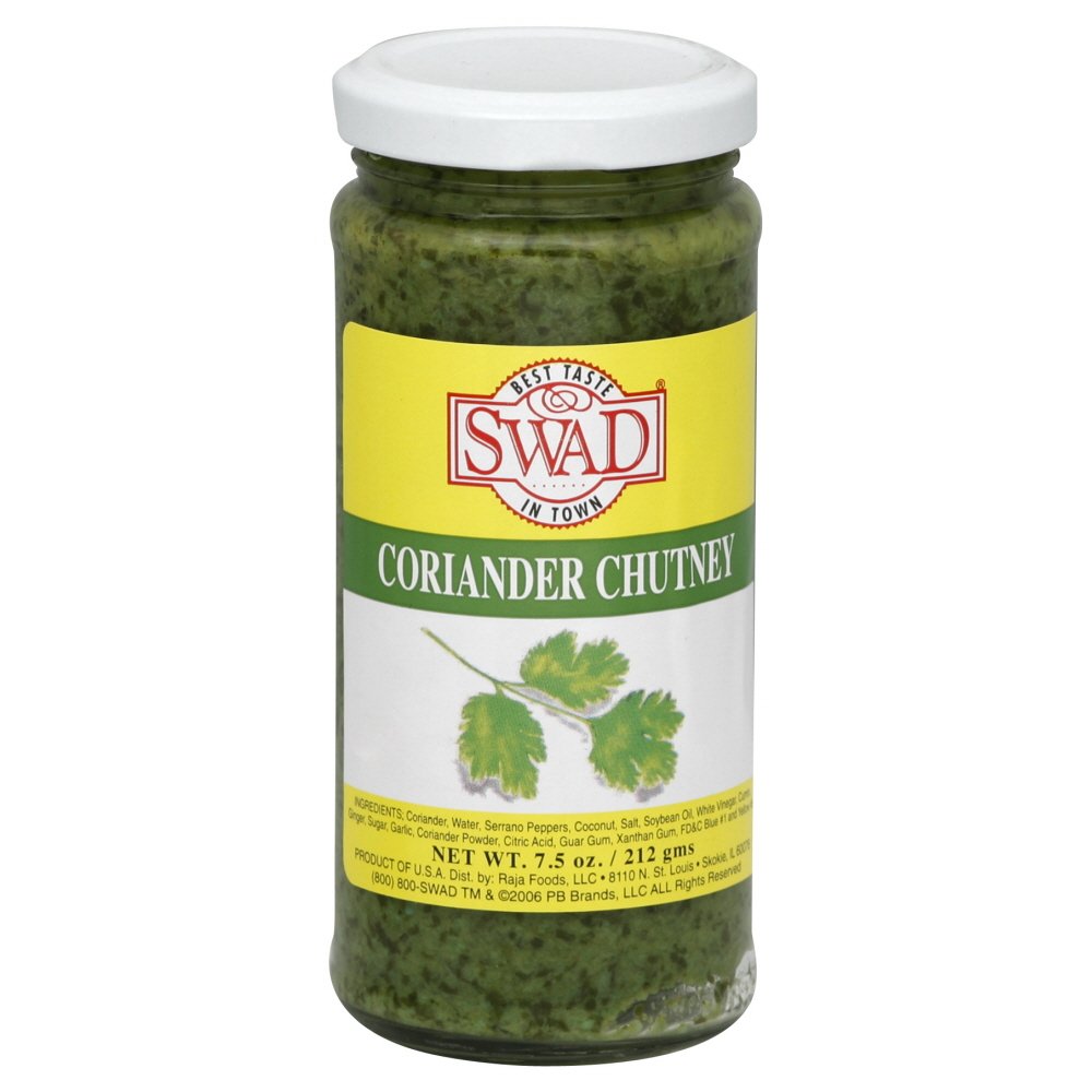 Swad coriander chutney bottle shows bright cilantro flavor ideal for dipping and spreading