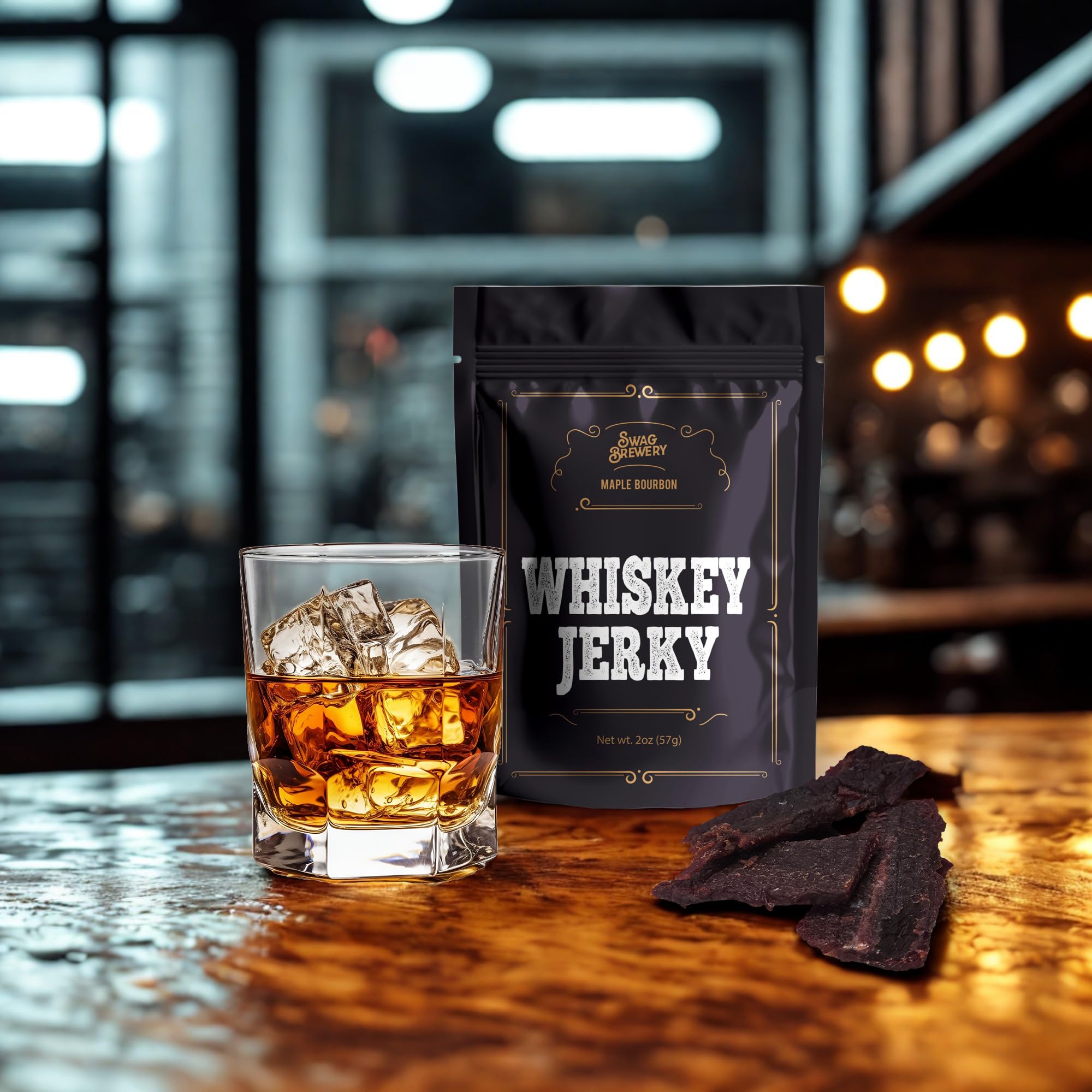 Swag Brewery whiskey jerky slices arranged for gift-ready gourmet appeal to bourbon lovers.