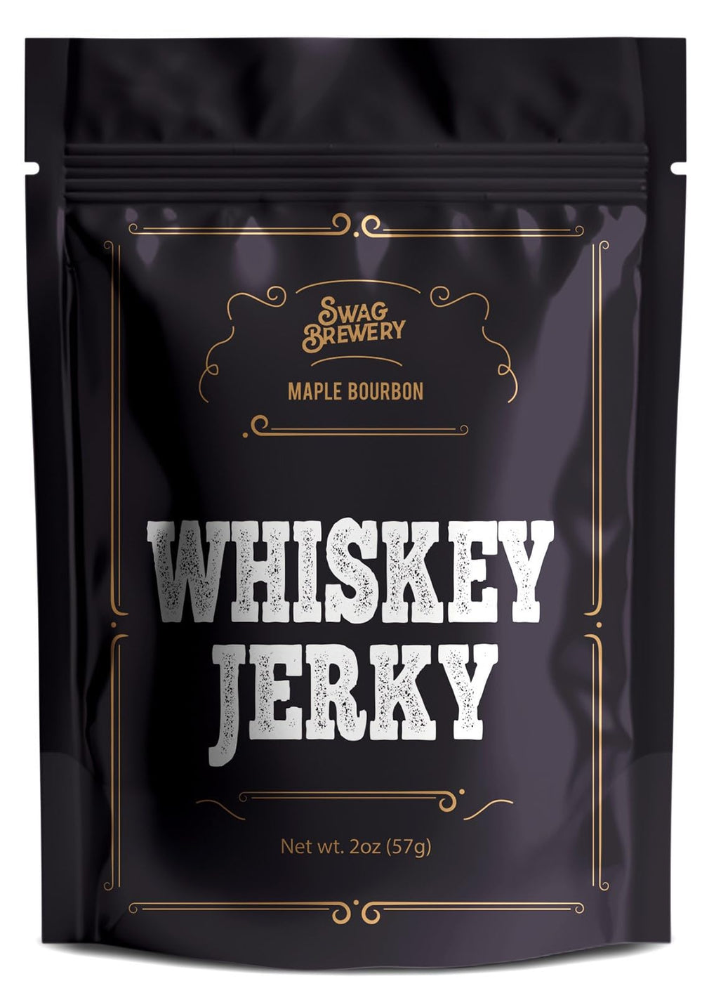 Swag Brewery Whiskey Jerky pack highlighting premium beef and bold bourbon maple glaze for snacking.