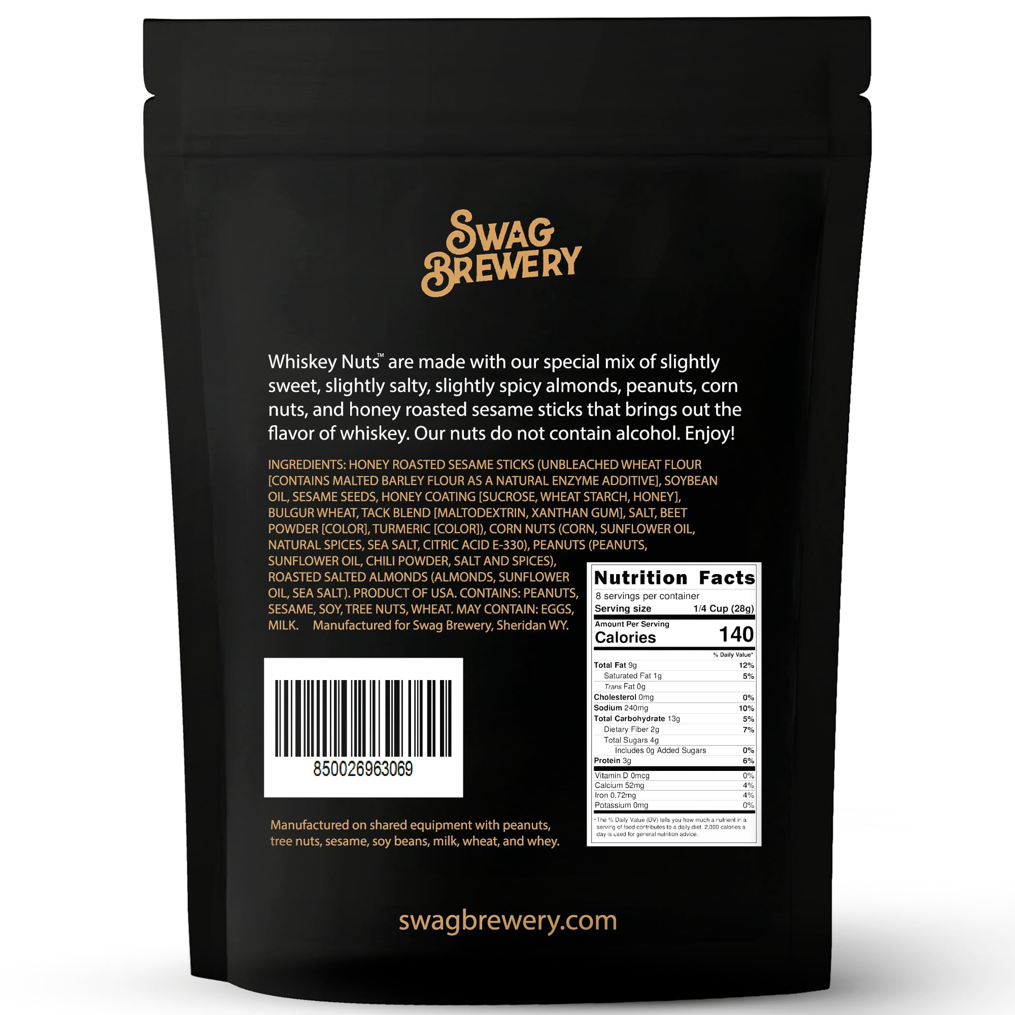 Swag Brewery Whiskey Nuts peanuts mix — hearty bite to enjoy during bourbon tastings.