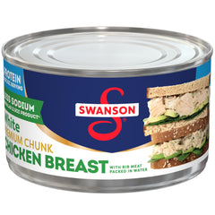 Swanson 25% less sodium chicken can in water with white meat, ready to use.