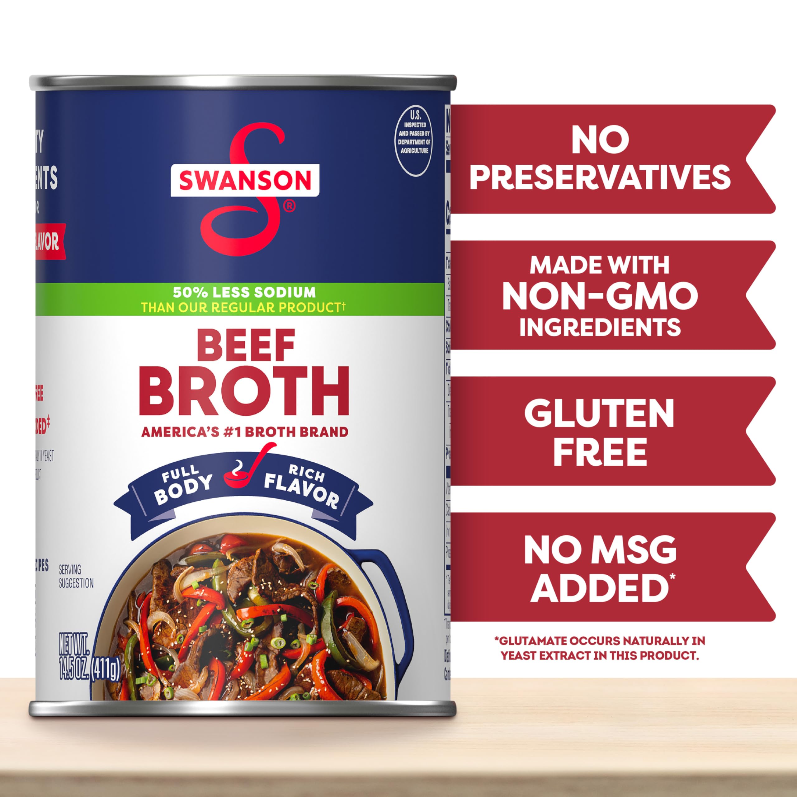 Swanson 50% Less Sodium Beef Broth ingredients scene highlights rich base
