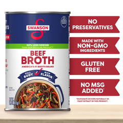 Swanson 50% Less Sodium Beef Broth ingredients scene highlights rich base