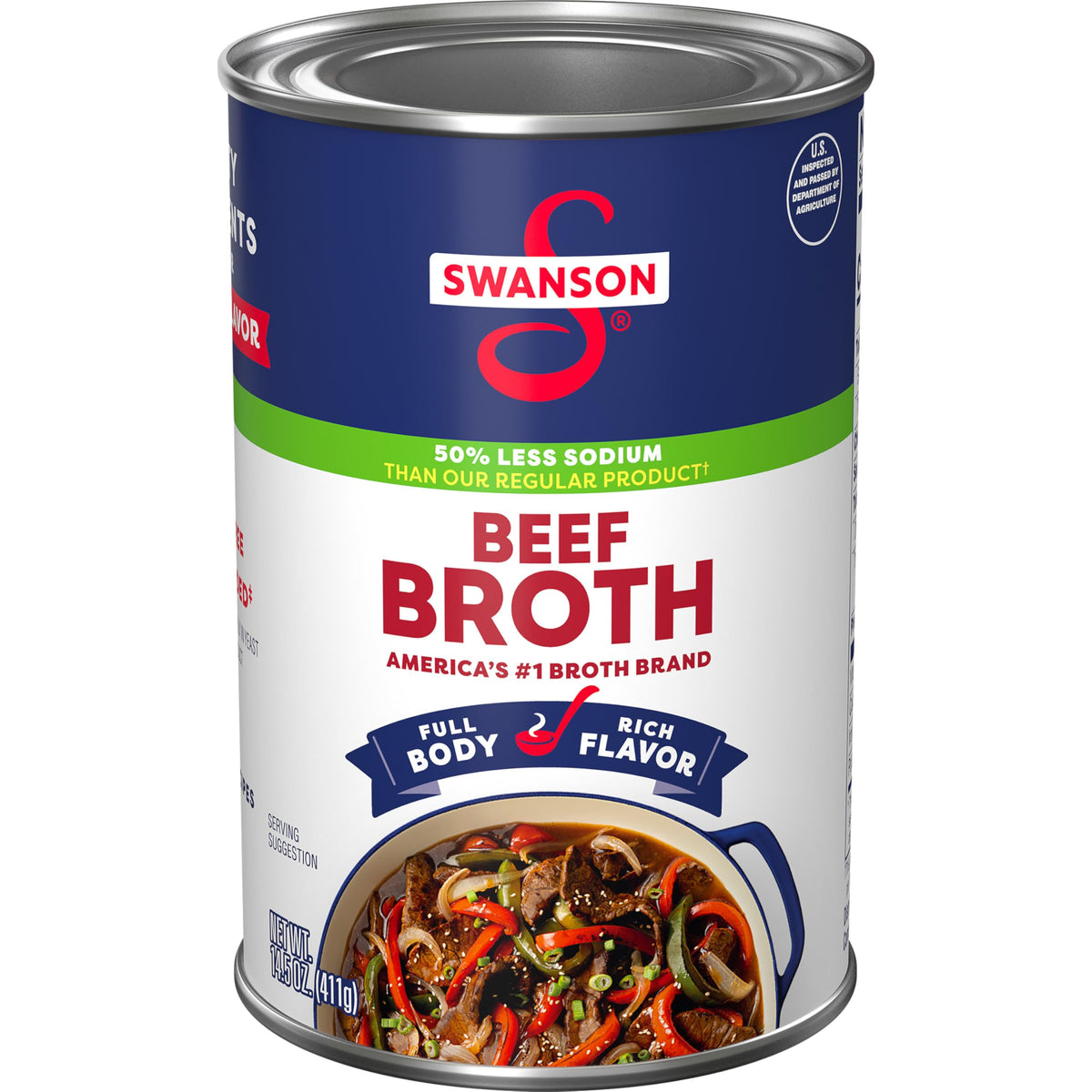 Swanson 50% Less Sodium Beef Broth label close-up showing lower sodium option for recipes