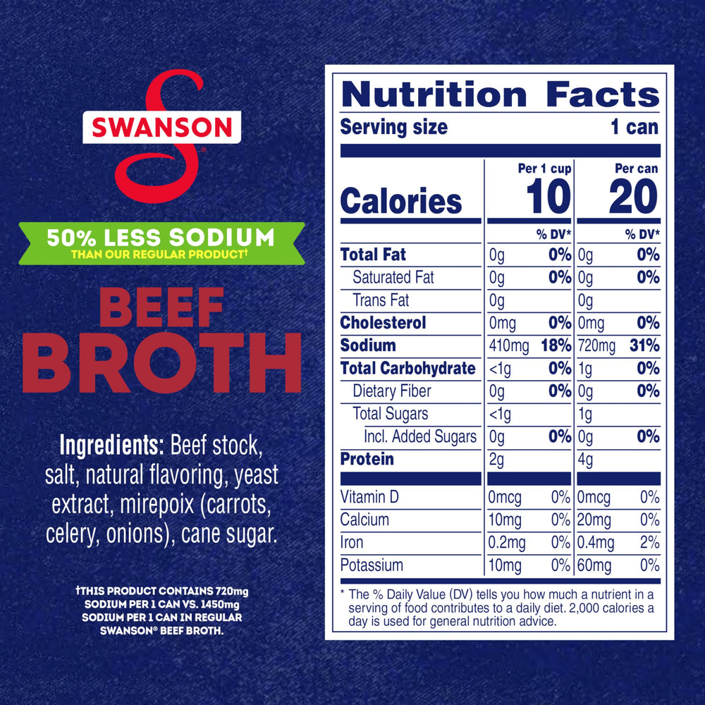 Swanson 50% Less Sodium Beef Broth no MSG note visible