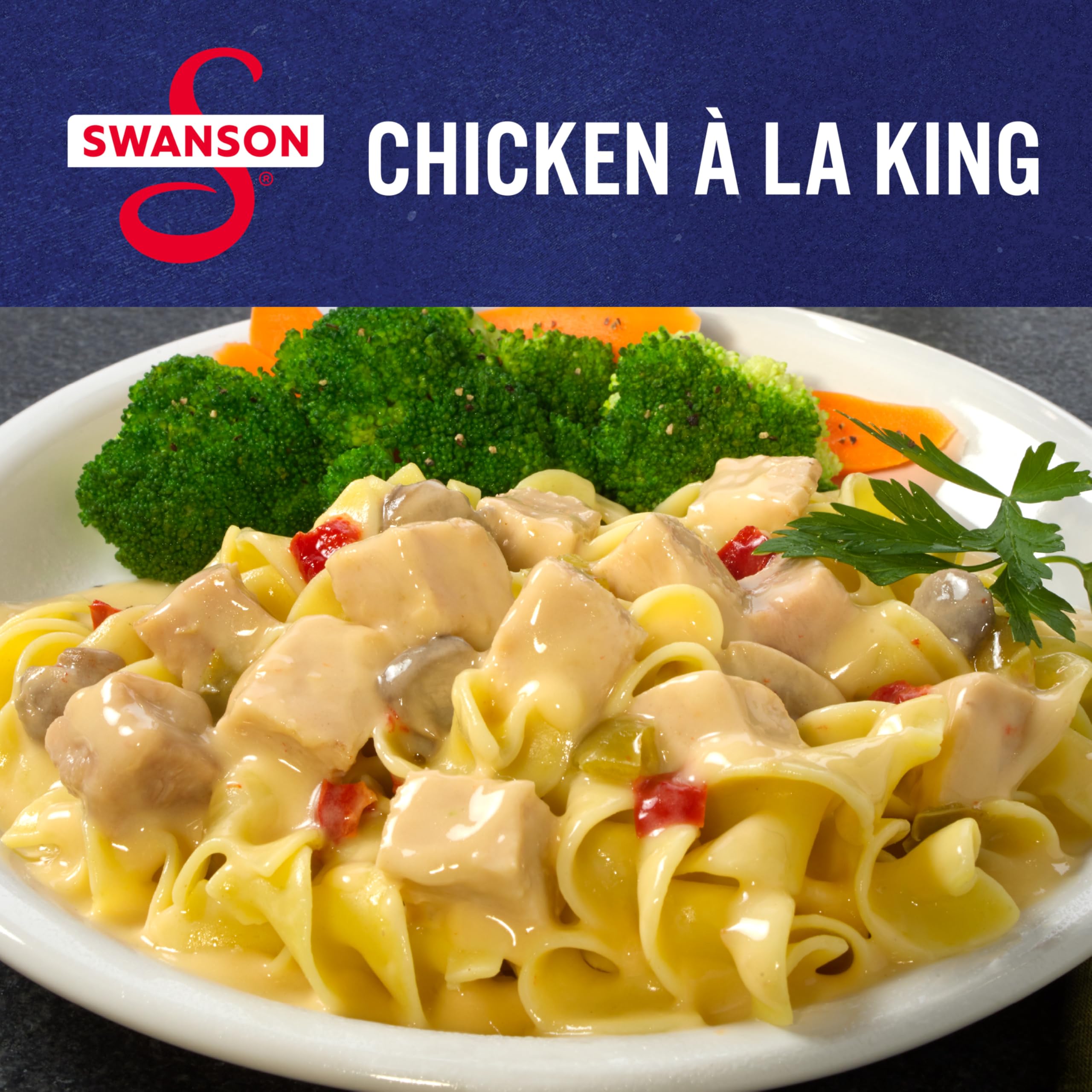 Swanson a la King with egg noodles ready to pair for a comforting dinner.