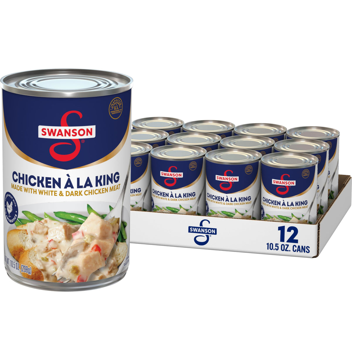 Swanson Canned Chicken a la King label highlighting white and dark meat for easy weeknight meals.