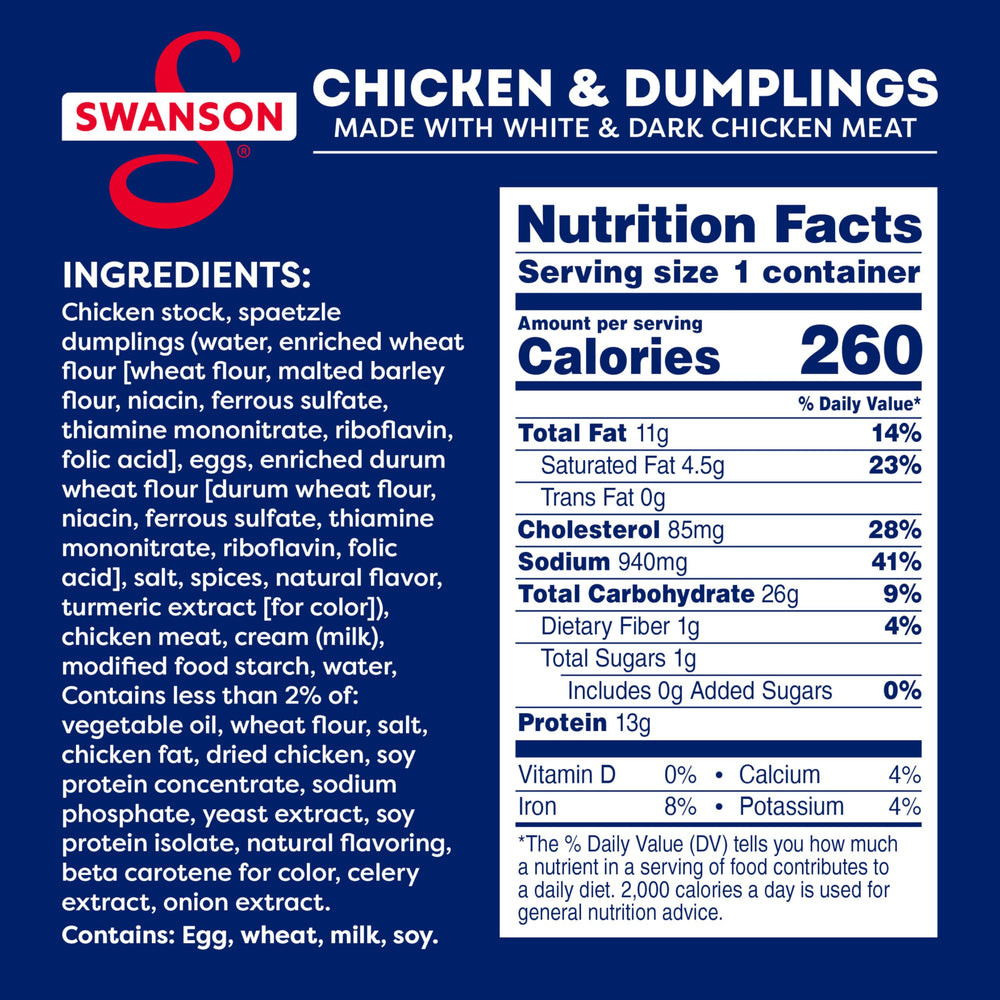 Swanson Chicken and Dumplings with tender chicken chunks in light sauce