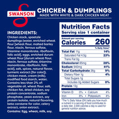 Swanson Chicken and Dumplings with tender chicken chunks in light sauce