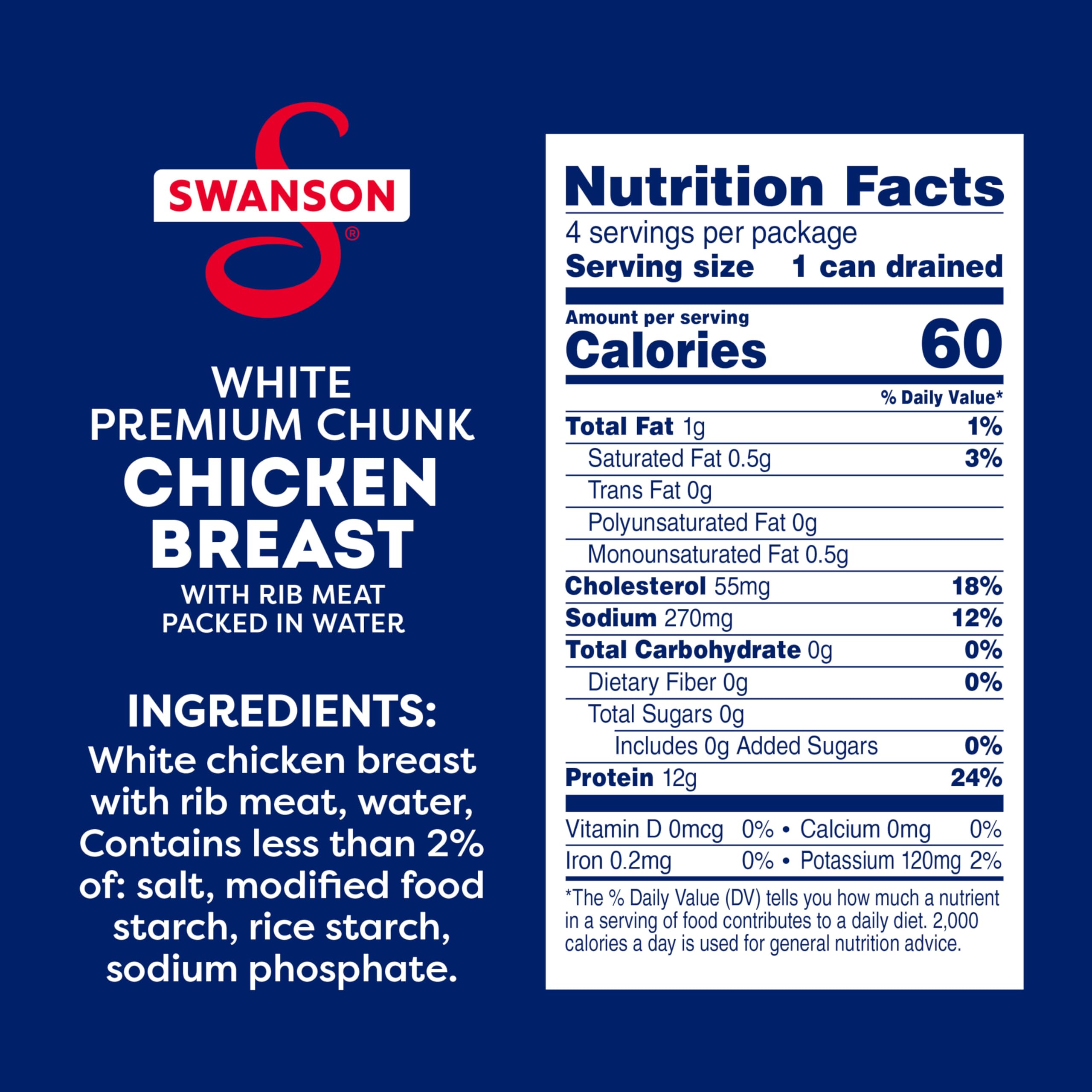 Swanson chunk chicken in water, ready-to-eat for quick meals like salads.