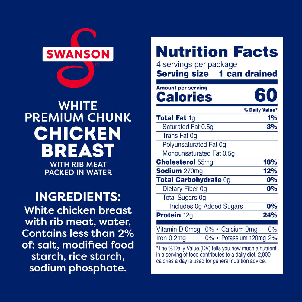 Swanson chunk chicken in water, ready-to-eat for quick meals like salads.