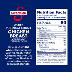 Swanson chunk chicken in water, ready-to-eat for quick meals like salads.