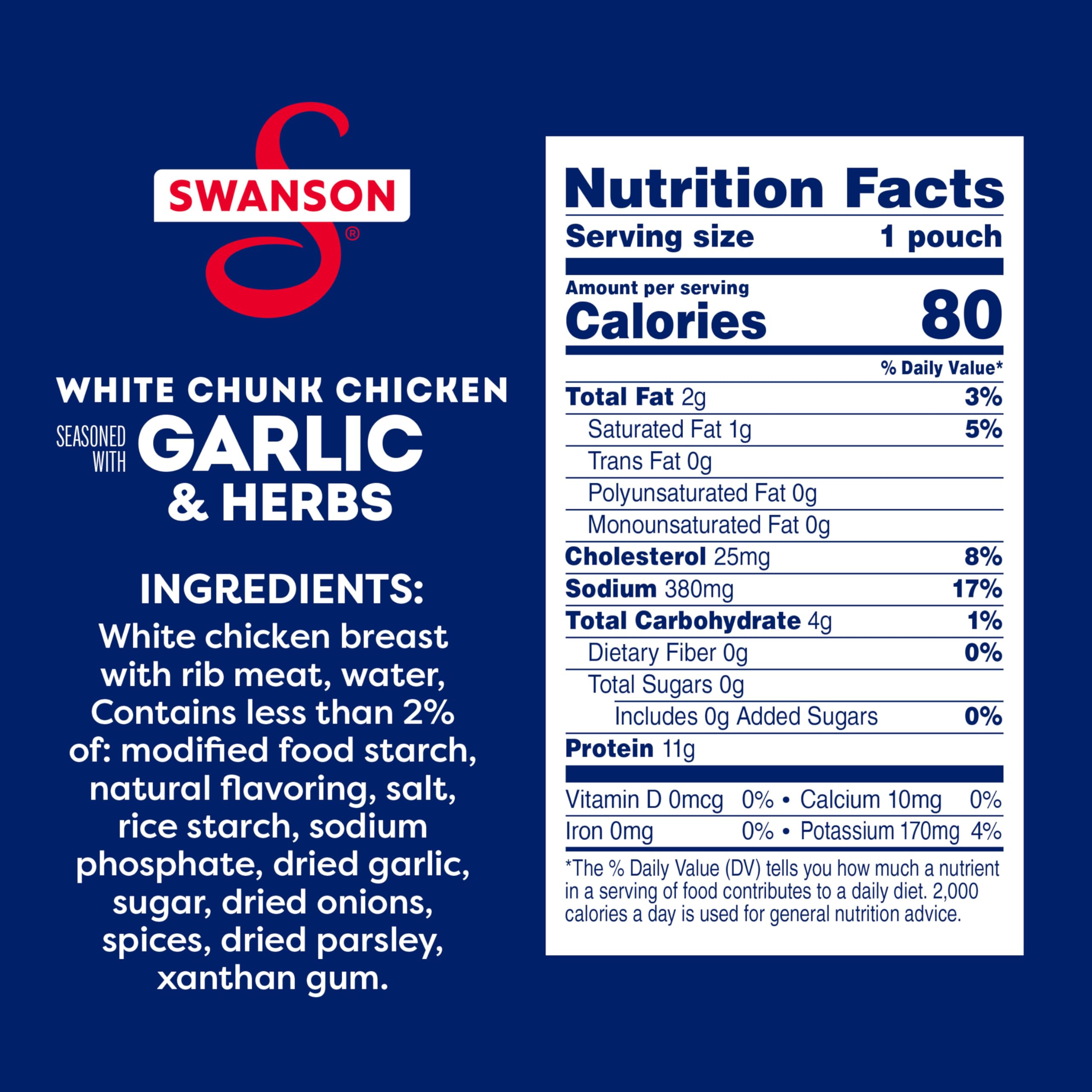 Swanson garlic-herbs chicken chunks in pouch ideal for on-the-go salads