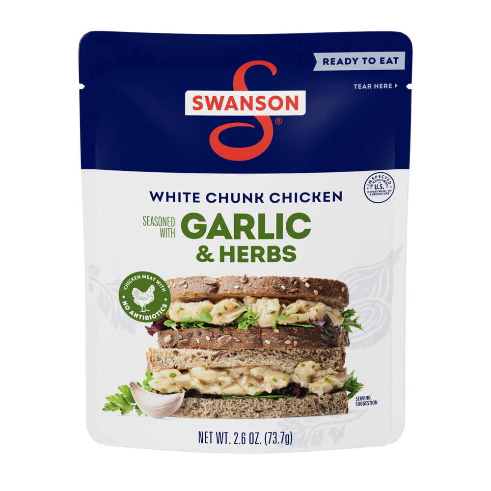 Swanson garlic and herbs white chunk chicken pouch ready to eat for quick meals