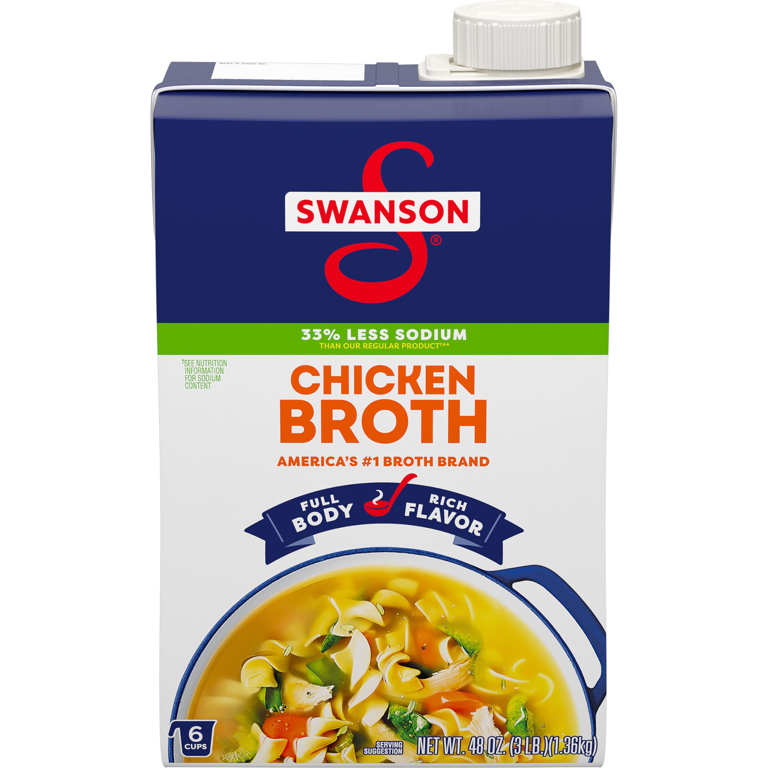 Swanson Natural Goodness Chicken Broth carton front shows wholesome ingredients for richer home cooking