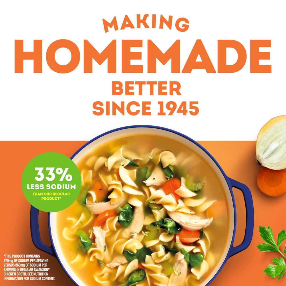 Swanson Natural Goodness Chicken Broth label highlights gluten-free, non-GMO quality and no artificial flavors