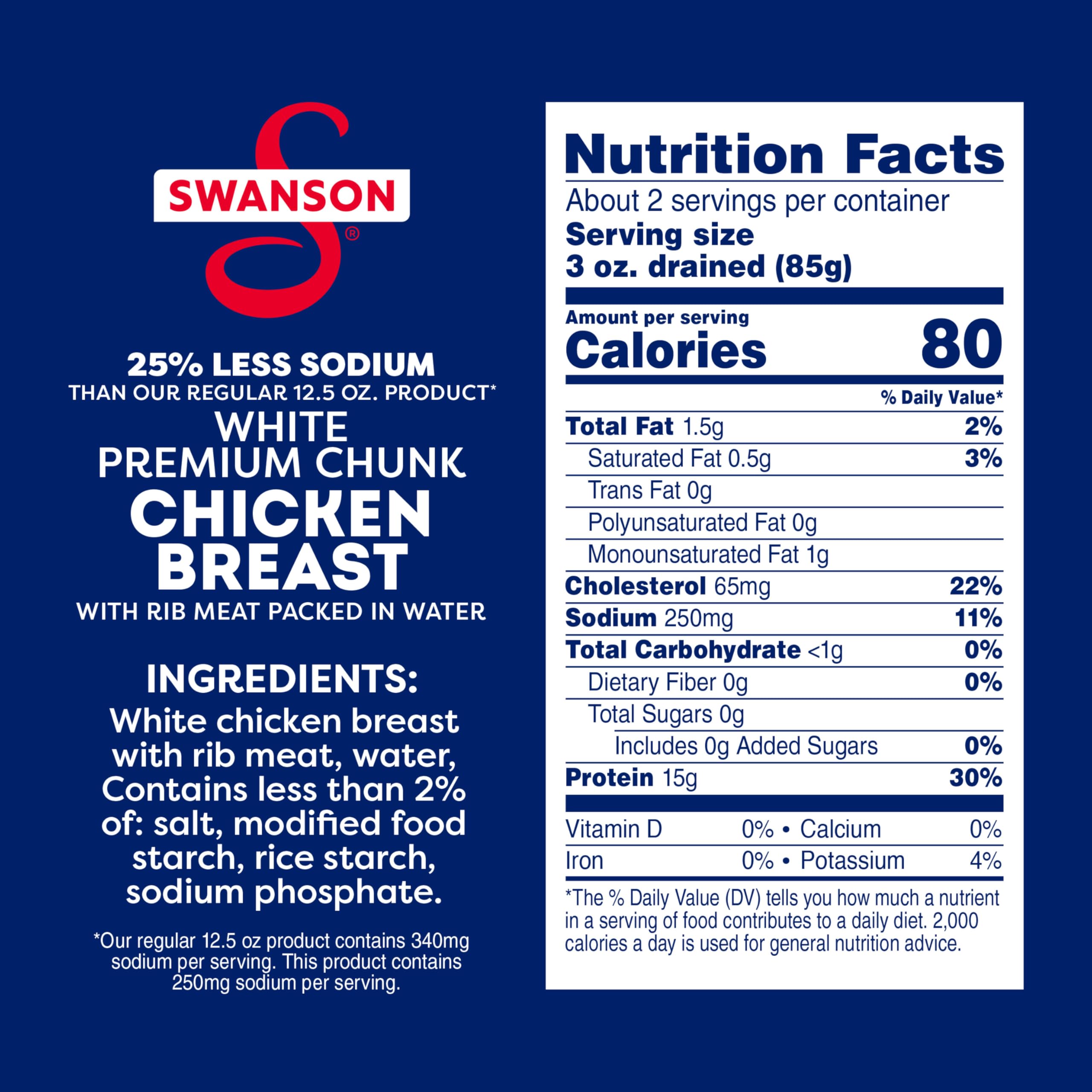 Swanson ready-to-eat chicken chunks, perfect for quick salads or crackers.