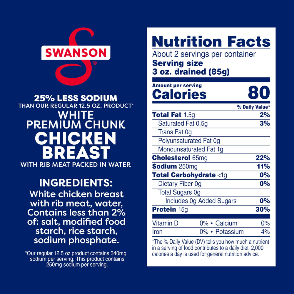 Swanson ready-to-eat chicken chunks, perfect for quick salads or crackers.
