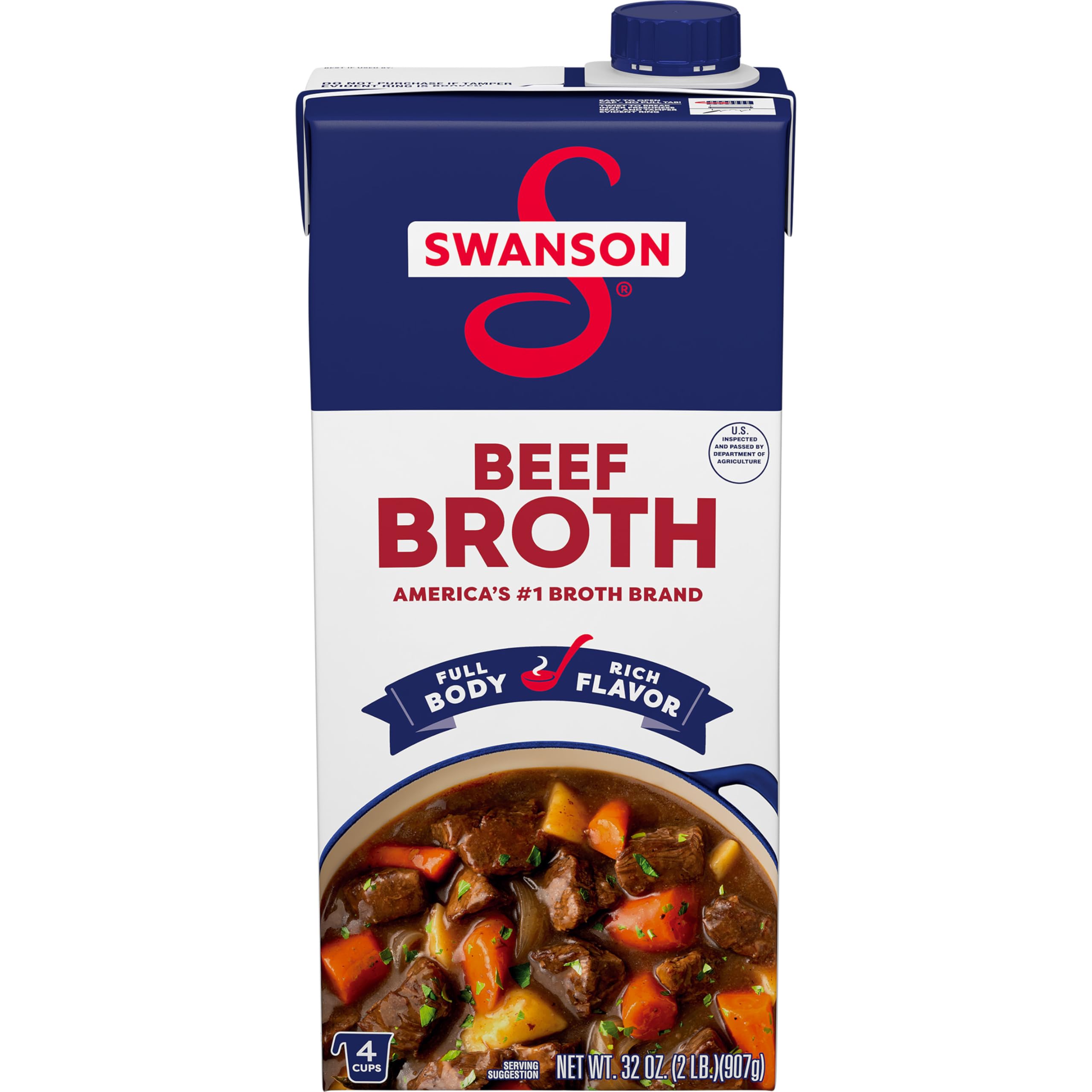 Swanson S beef broth carton pour showing rich, savory flavor for soups