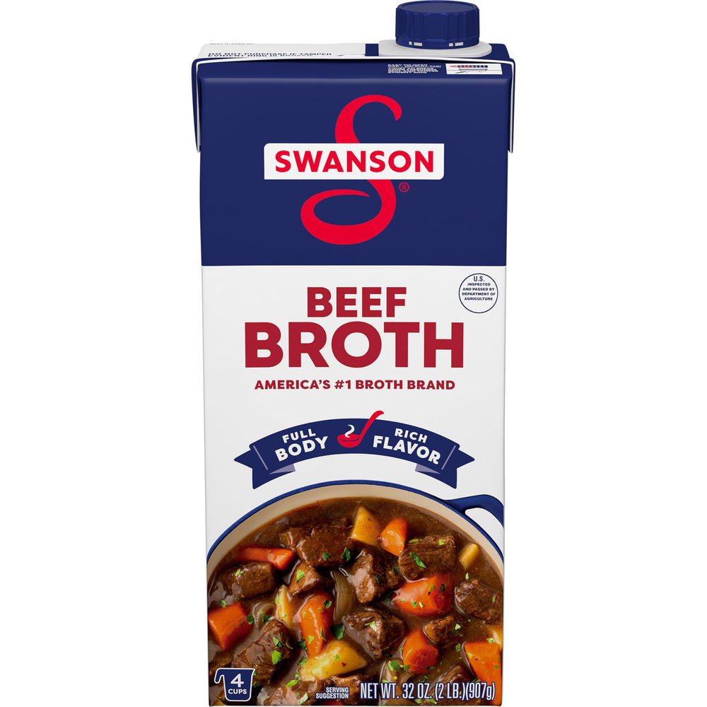 Swanson S beef broth carton pour showing rich, savory flavor for soups