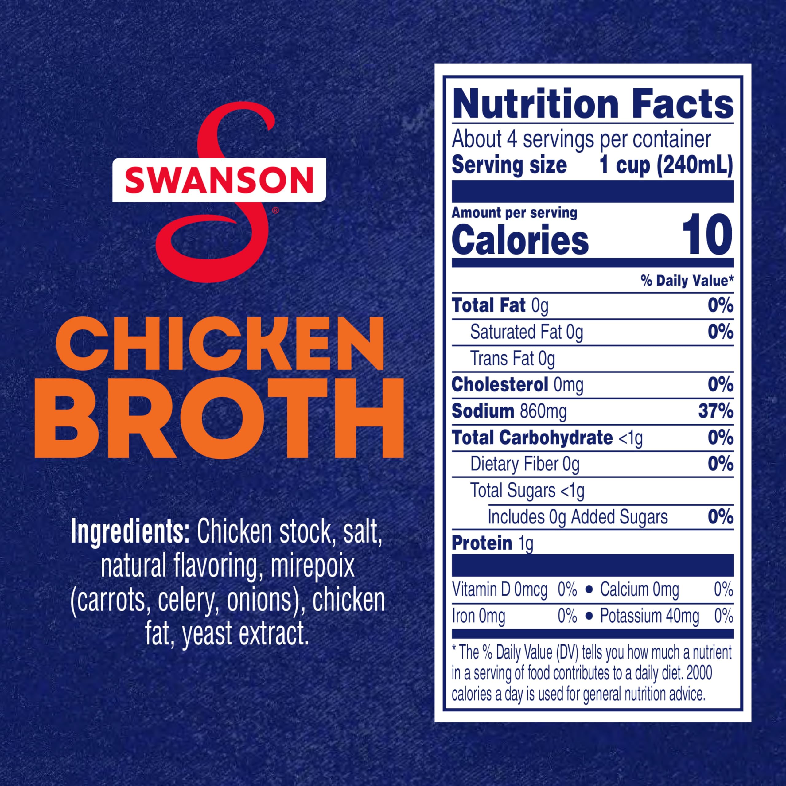 SWANSON S 100% Natural Chicken Broth label close-up highlighting natural ingredients and no artificial flavors.