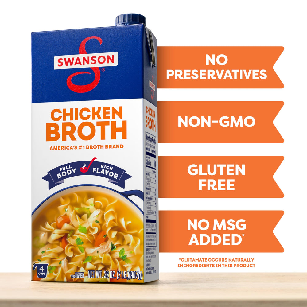 Swanson S 100% Natural Chicken Broth simmering to enrich rice and pasta.