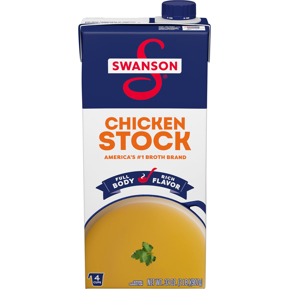 Swanson S 100% Natural Chicken Stock carton on shelf, a convenient base for weeknight meals.