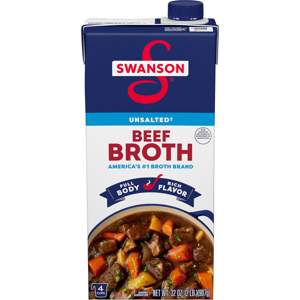 Swanson S beef broth carton close-up, rich base for soups
