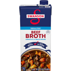 Swanson S beef broth carton close-up, rich base for soups