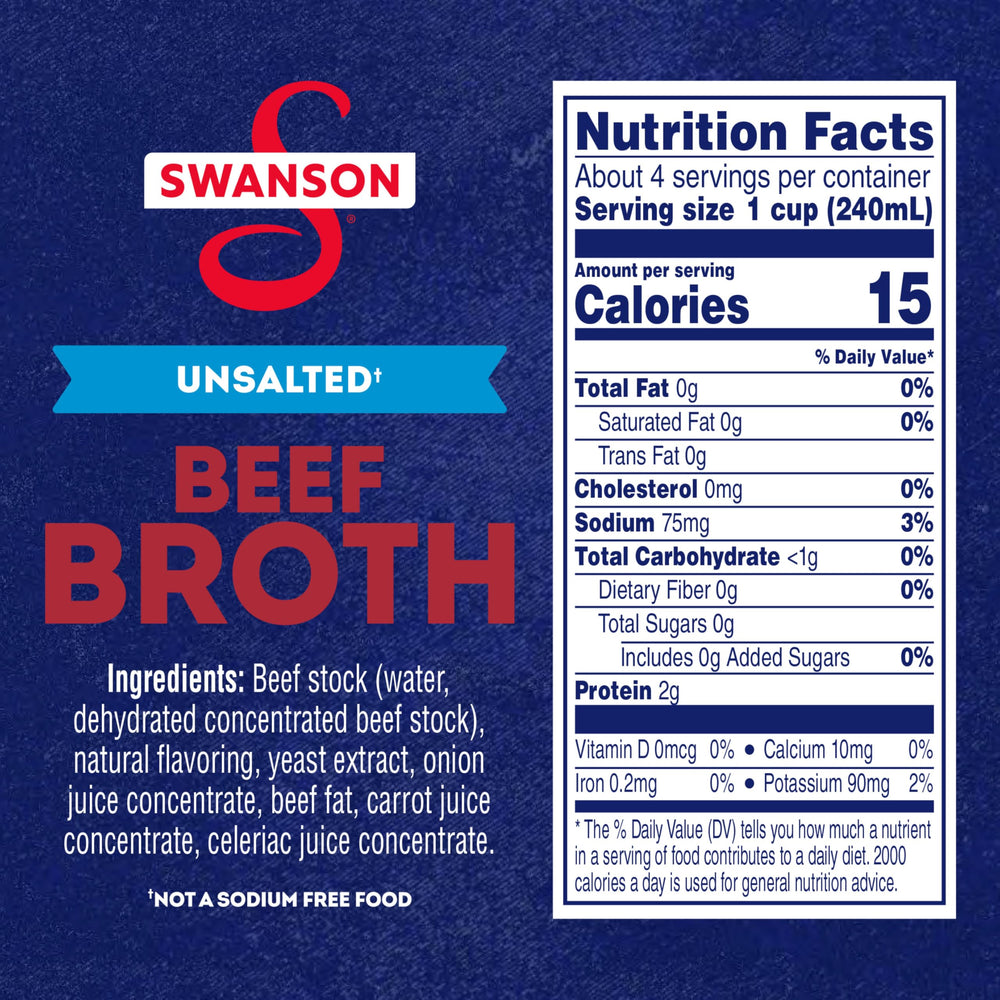 Swanson S beef broth carton label highlights clean ingredients for cooking