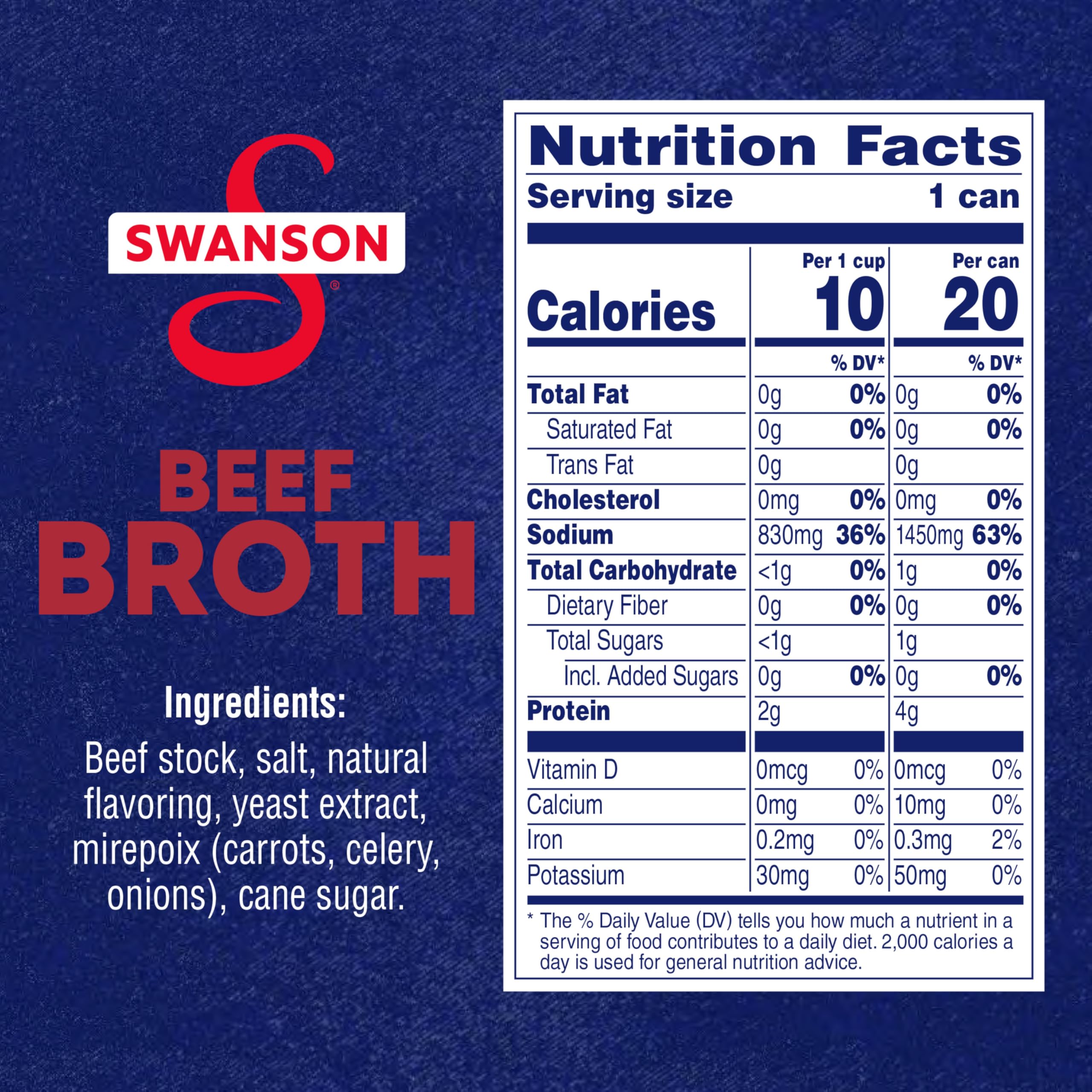 SWANSON S Beef Broth can front view highlighting 100% natural, non-GMO promise.