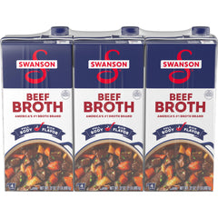 Swanson S Beef Broth carton front view showing 32 oz size and 3-pack packaging for cooking