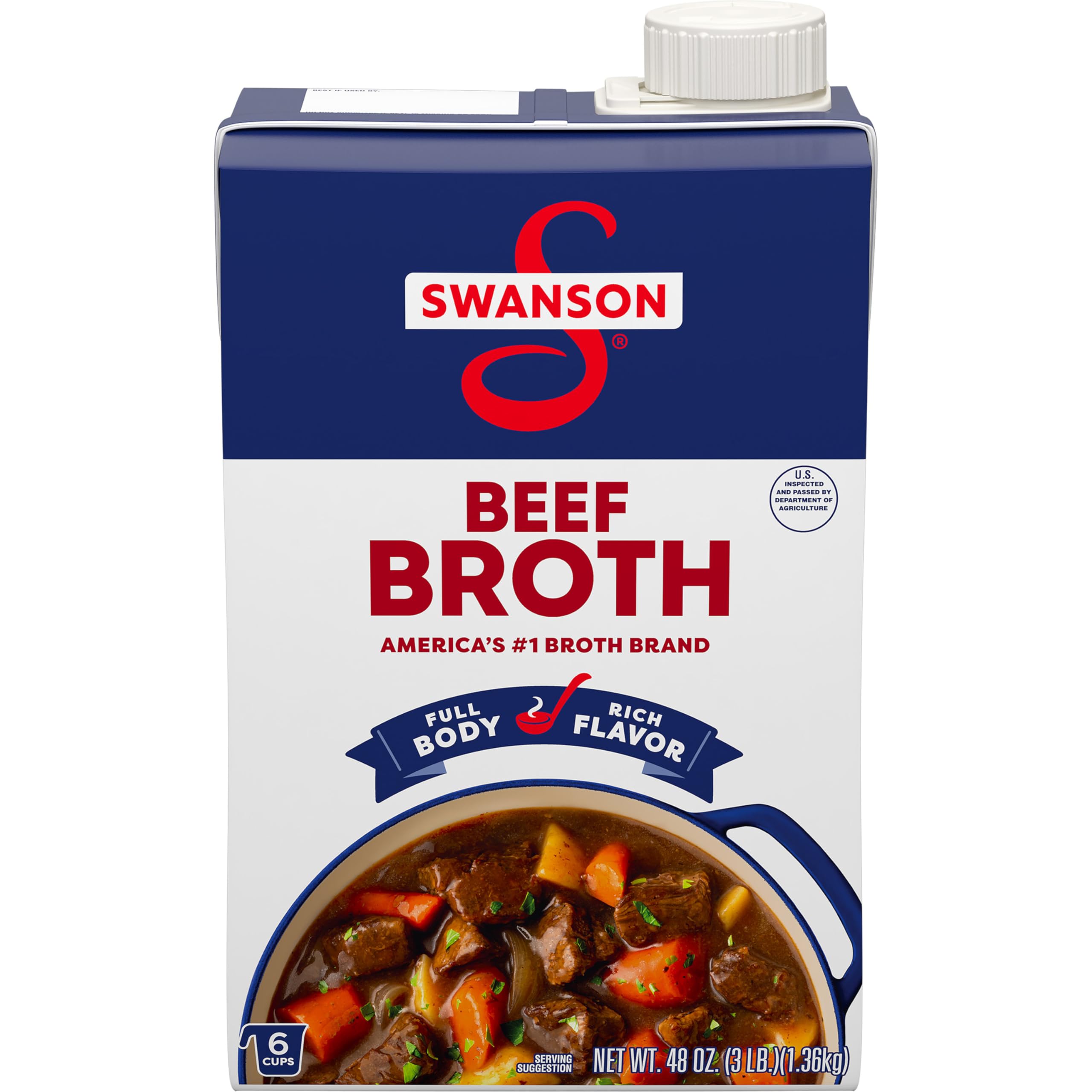 Swanson S Beef Broth carton front shows premium, gluten-free base for hearty meals.