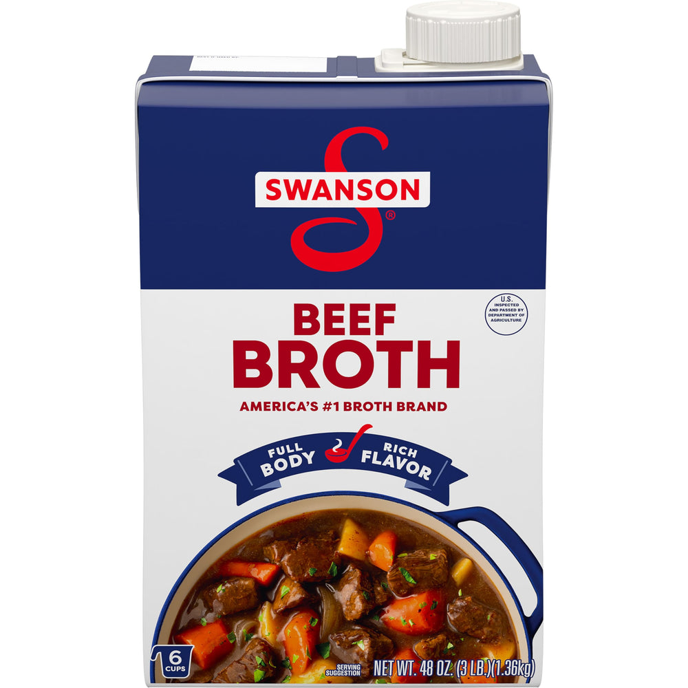 Swanson S Beef Broth carton front shows premium, gluten-free base for hearty meals.