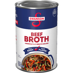 SWANSON S Beef Broth label close-up showing natural ingredients and gluten-free status.