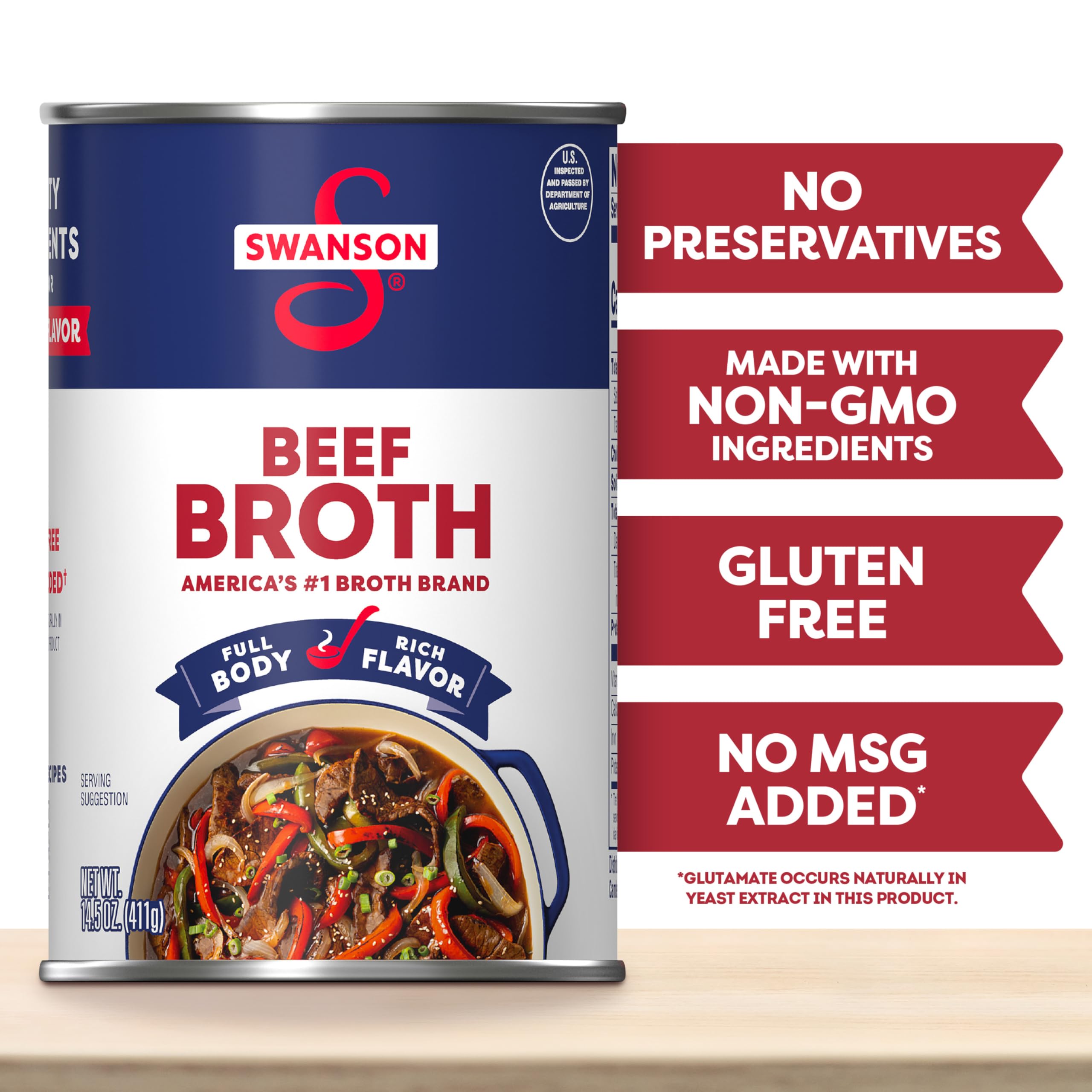 SWANSON S Beef Broth simmered in a stew to add rich depth.