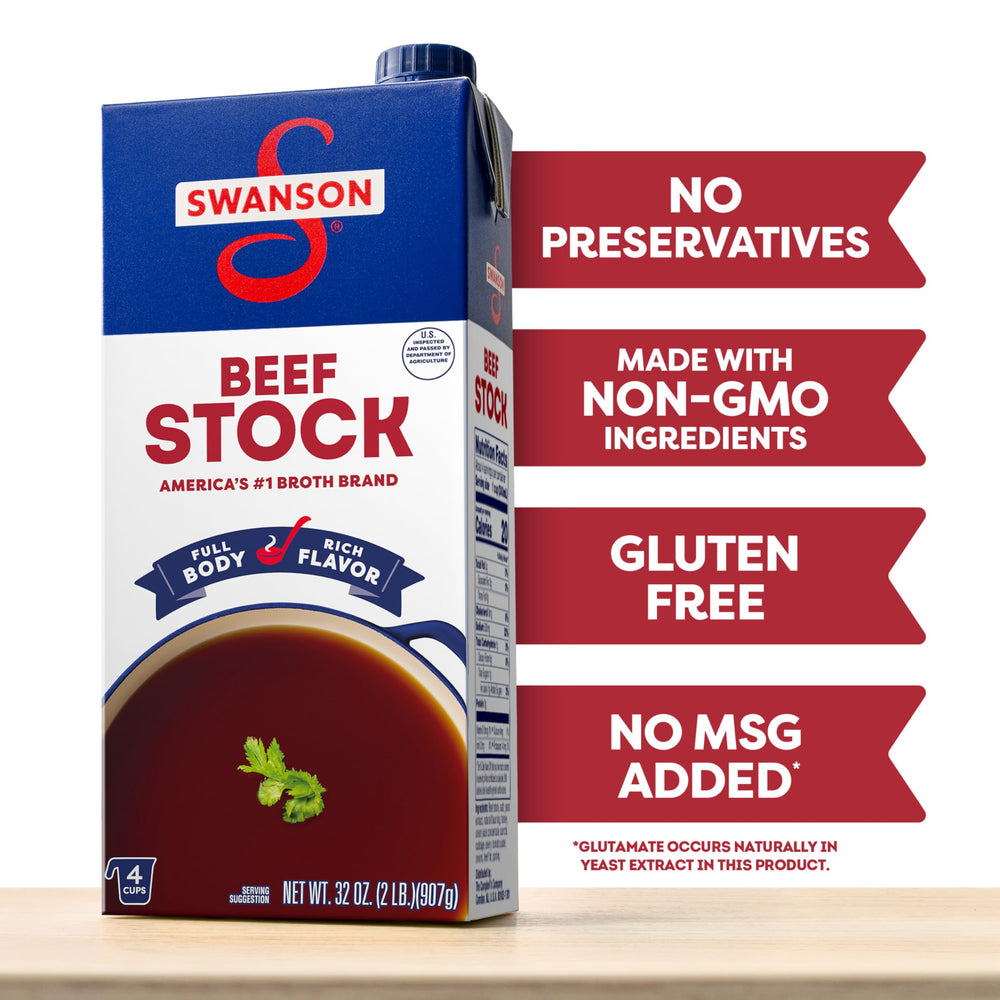 Swanson's Beef Stock in a bowl with vegetables ready to eat.