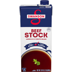 Swanson's Beef Stock carton front closeup for rich base flavor.