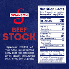 Swanson S Beef Stock carton side-view highlights product on kitchen shelf.
